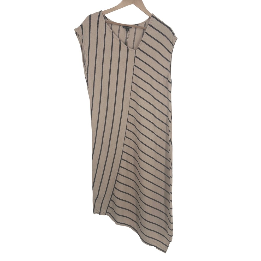For Cynthia Tan Black Striped Asymmetrical Midi Dress Size L Linen Blend Coastal